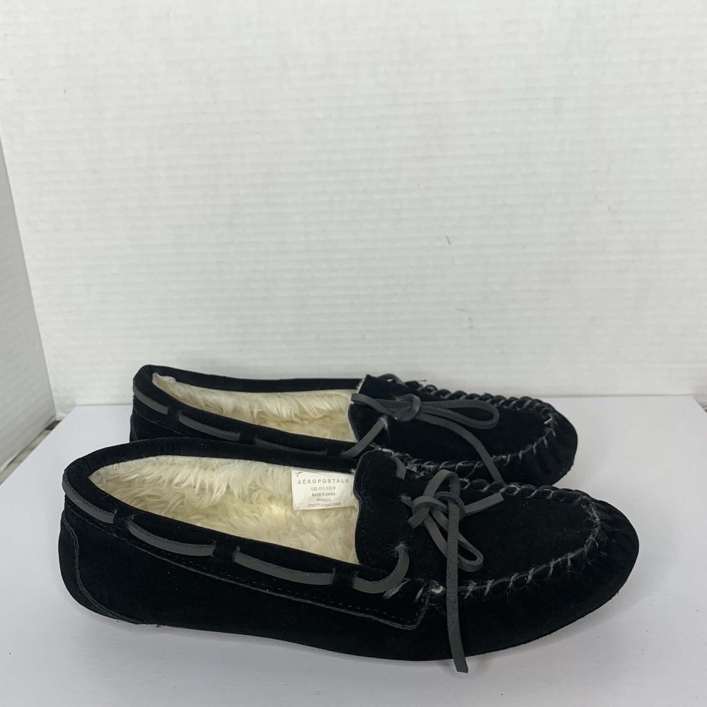 Aeropostale moccasins women's Size 9 Faux Fur Lined Black Slippers Shoes EUC
